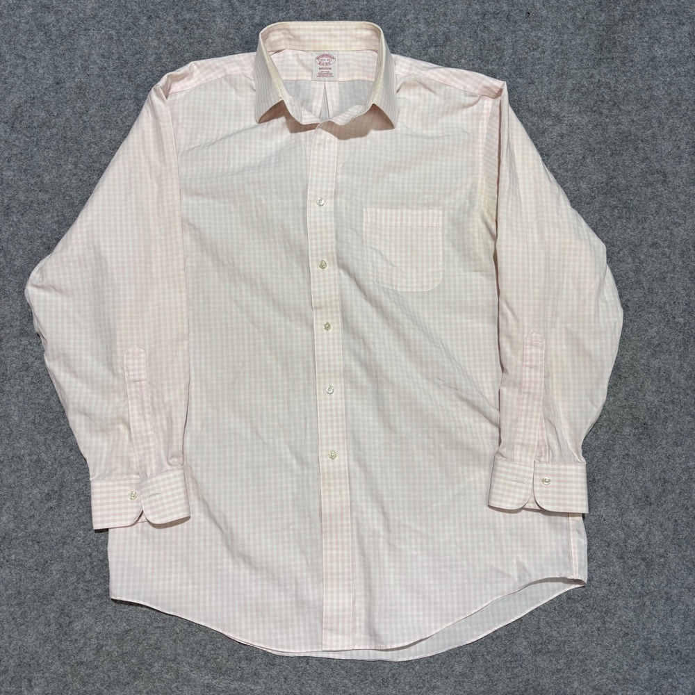 Brooks Brothers Madison Shirt Mens 16.5 33 Pink Gingham Supima Cotton Non-Iron